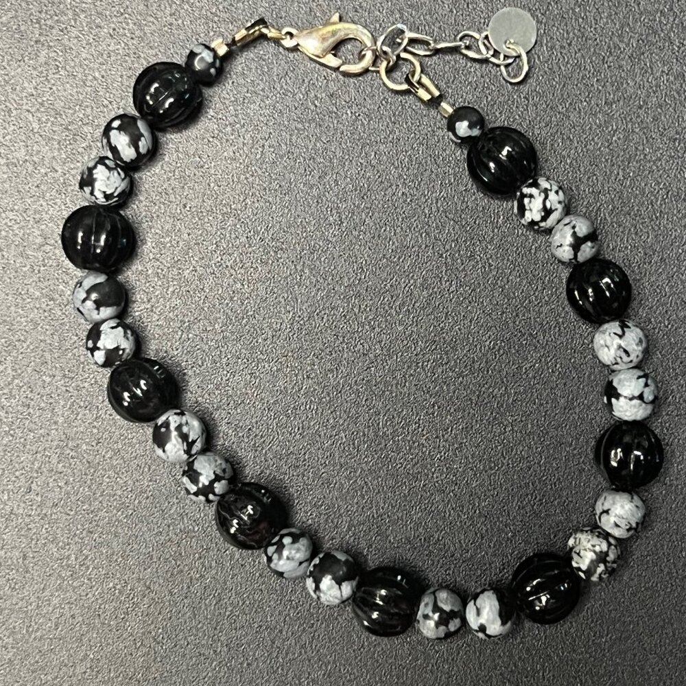 Black and Snowflake Obsidian Pumpkin shape beads bracelet